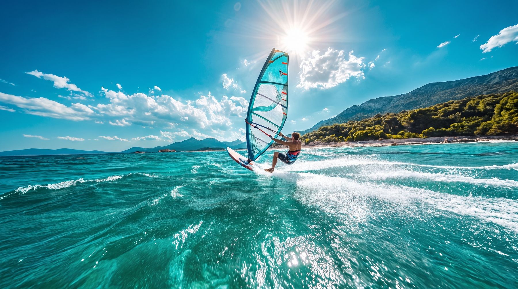 Windsurfer on turquoise water on a sunny day