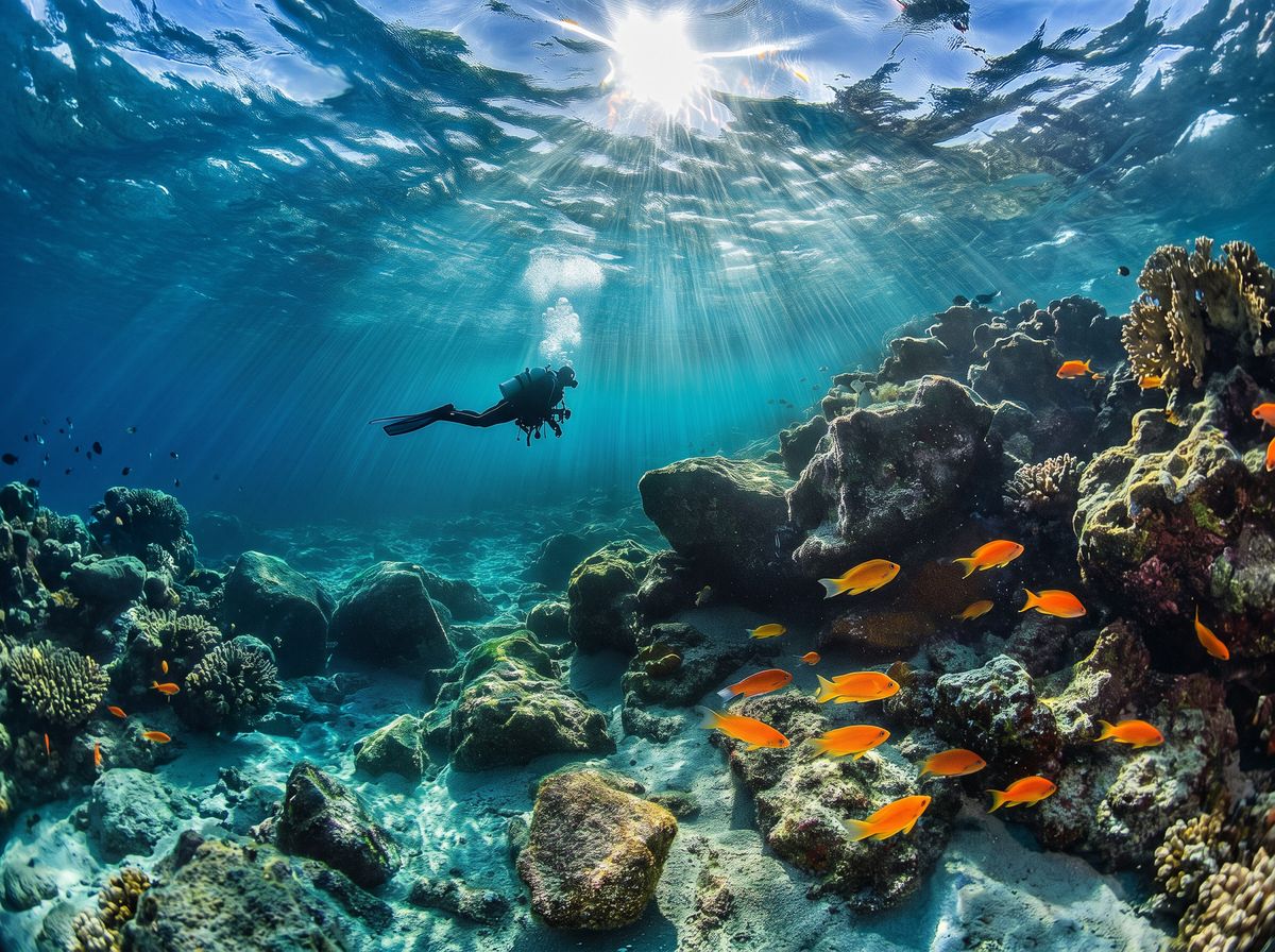Diver among fish over a rocky seabed