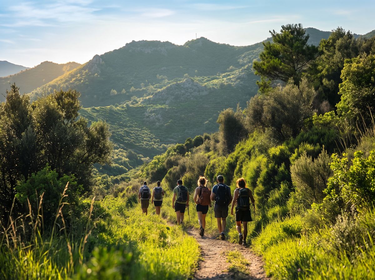 Group of hikers on a trail through the hills