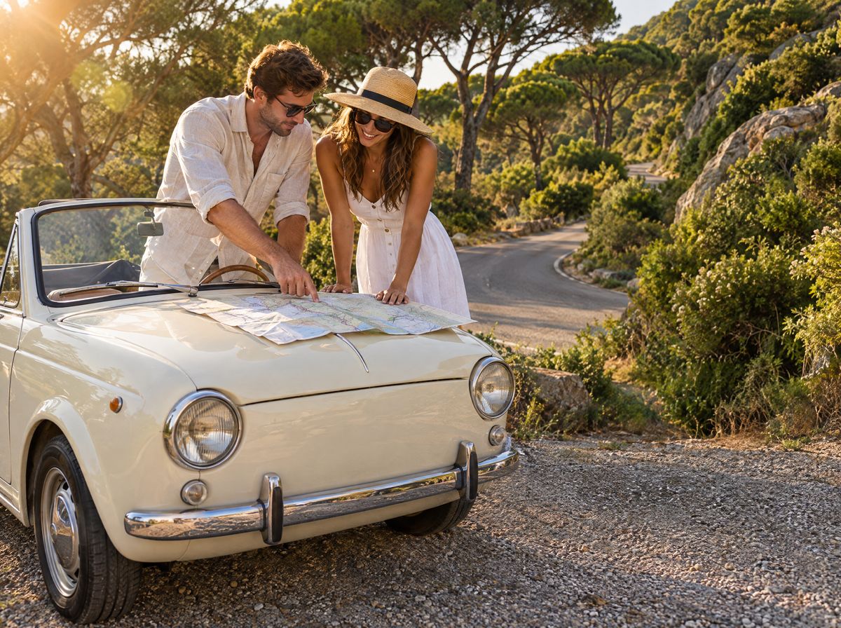 Couple checking a map on the bonnet of a vintage car