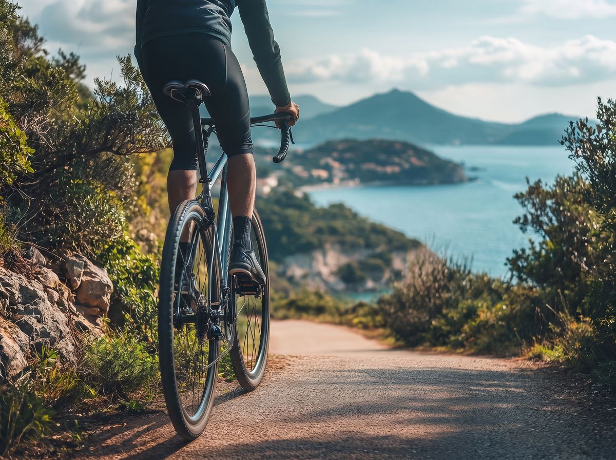 Cyclist on a scenic road through Mediterranean scrub, with the sea in the background
