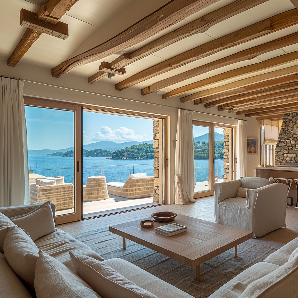Bright holiday-home living room overlooking the bay