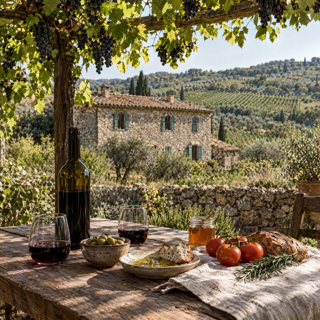 Table under a vine pergola with wine, olive oil, olives and bread, a stone farmhouse and vineyards behind