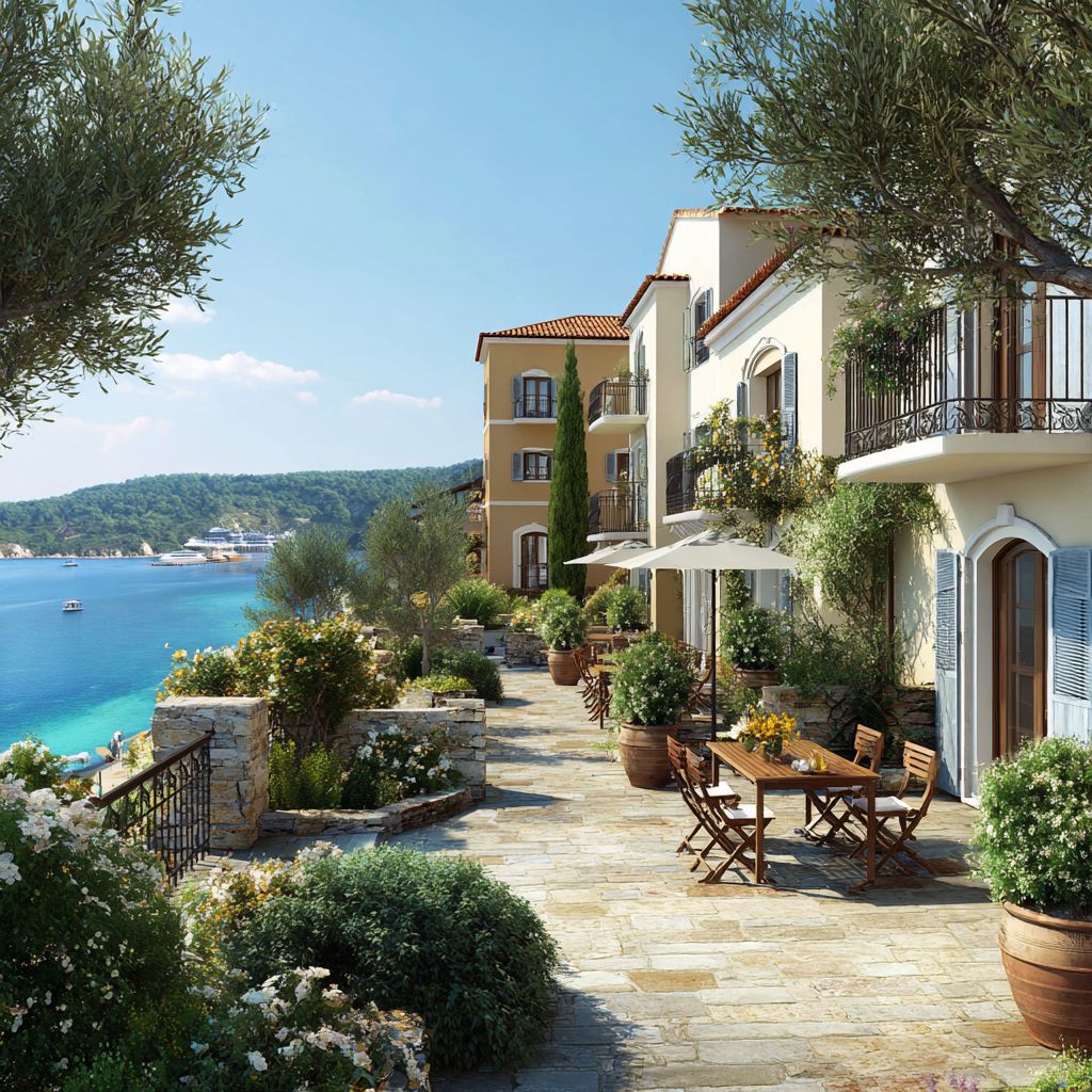 Residence with a garden and outdoor tables above the sea