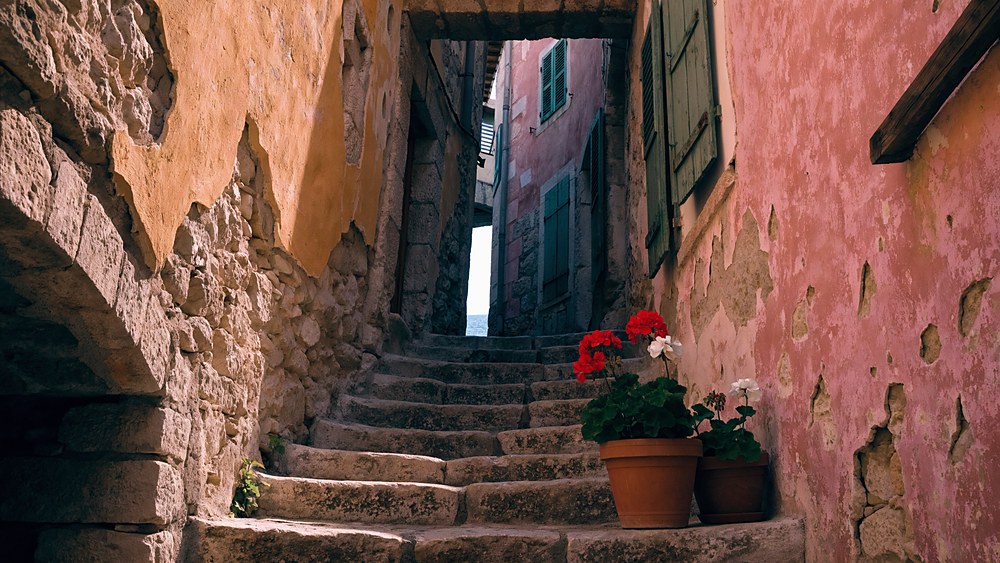 Steps in a village lane with coloured houses and flowers