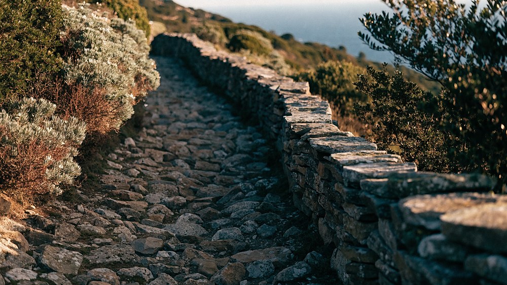Paved path between dry-stone walls and scrub