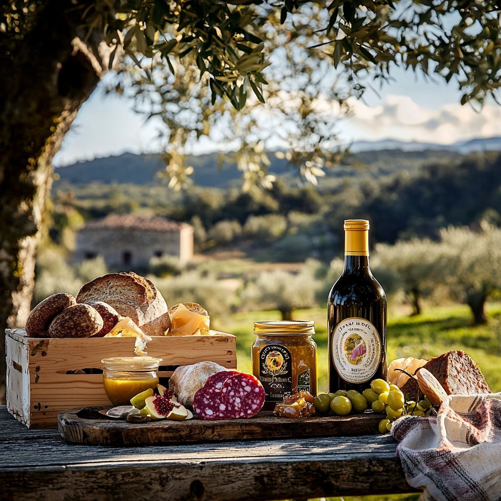 Bread, cheese and wine on a table among olive trees