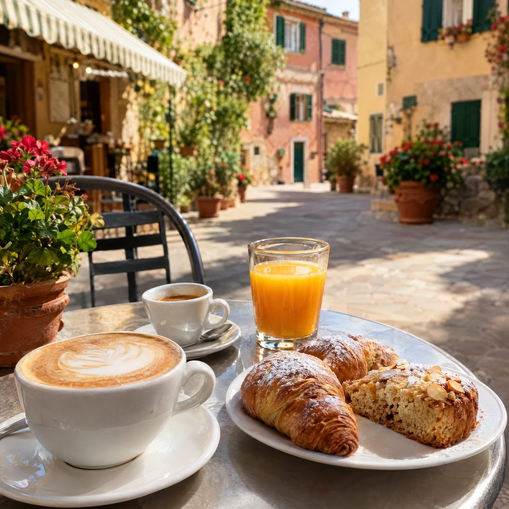 Cappuccino, espresso, orange juice and cornetti on an outdoor café table in a village square