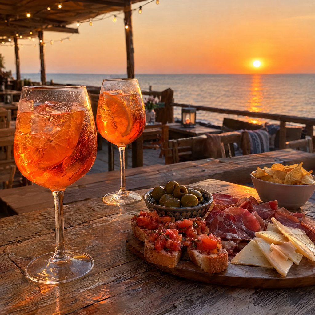 Spritz and a board of bruschetta, cured meats and cheese on a wooden table facing the sea at sunset