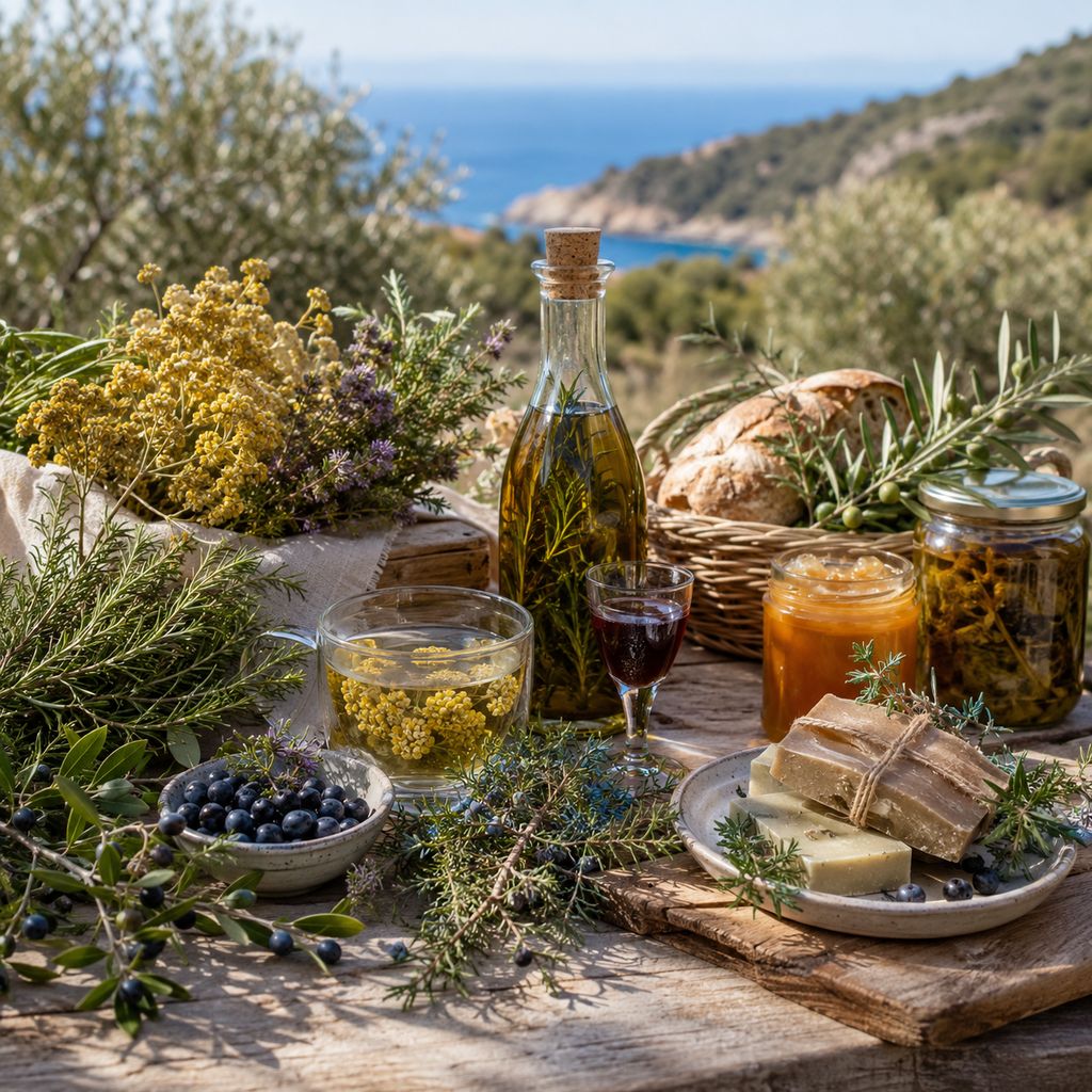 Aromatic herbs, oil and preserves on an outdoor table