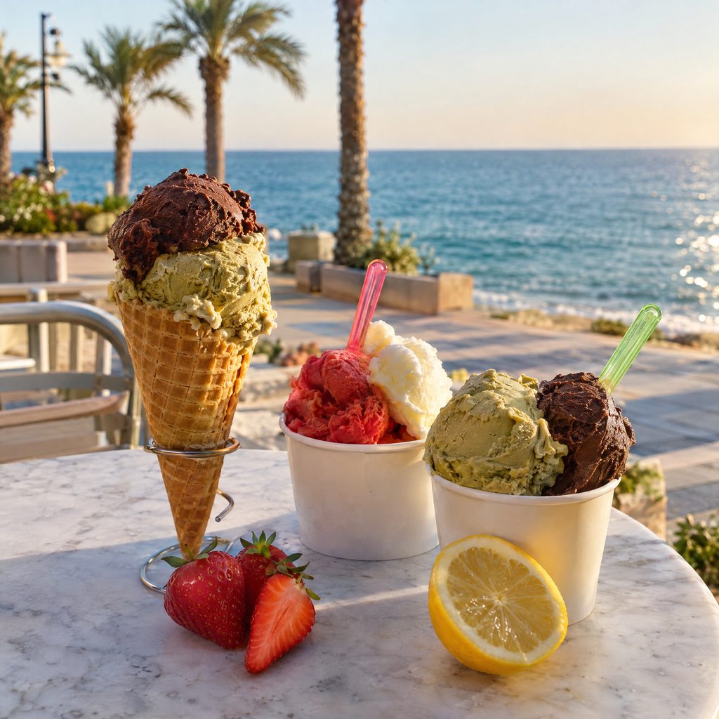 A cone and cups of artisan gelato on a marble table overlooking the sea