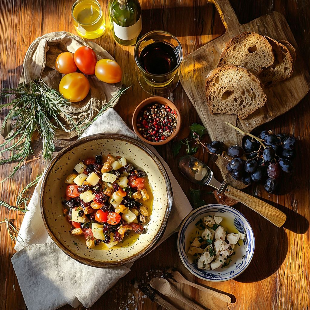 Table set with traditional dishes, bread and olives