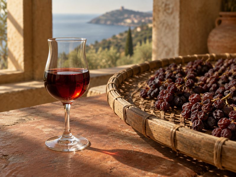 A glass of Aleatico Passito DOCG beside the cane rack with grapes drying in the sun