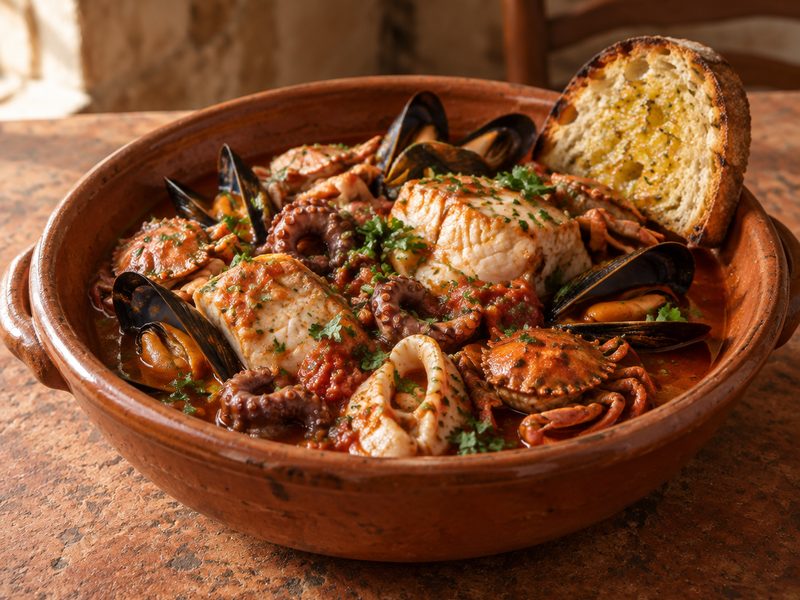 Elba-style cacciucco with cuttlefish, octopus, fish and mussels in an earthenware bowl