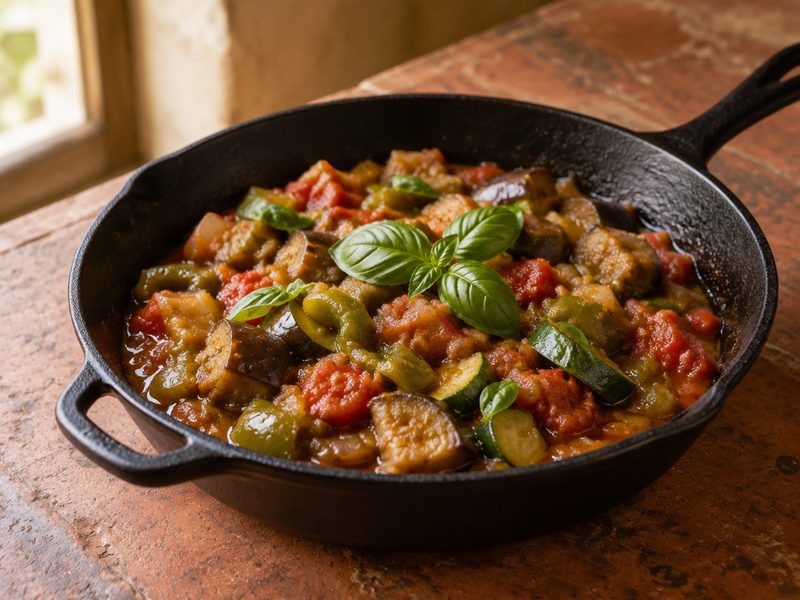 Gurguglione, the Elban stew of peppers, aubergines and courgettes in a cast iron pan