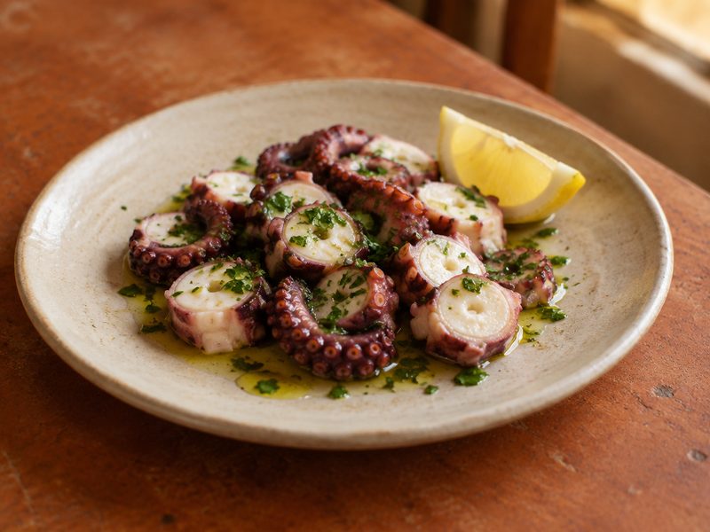 Boiled octopus dressed with extra virgin olive oil, parsley and lemon