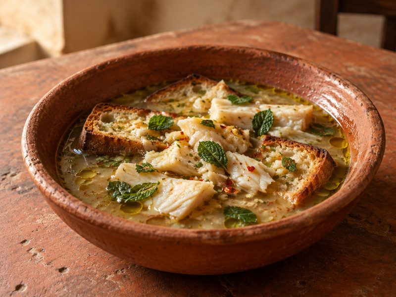 Sburrita stockfish soup served over slices of toasted Tuscan bread