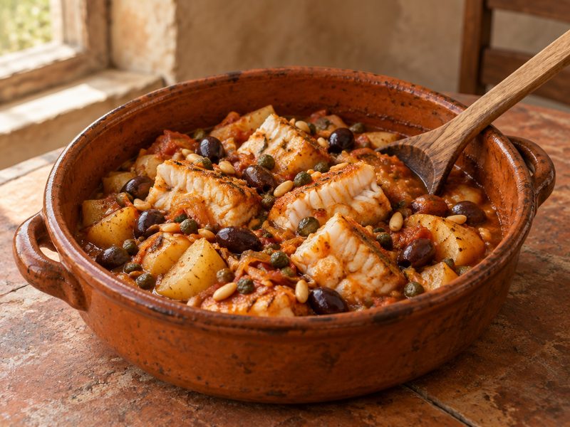 Rio-style stockfish with potatoes, black olives and capers in a terracotta pot
