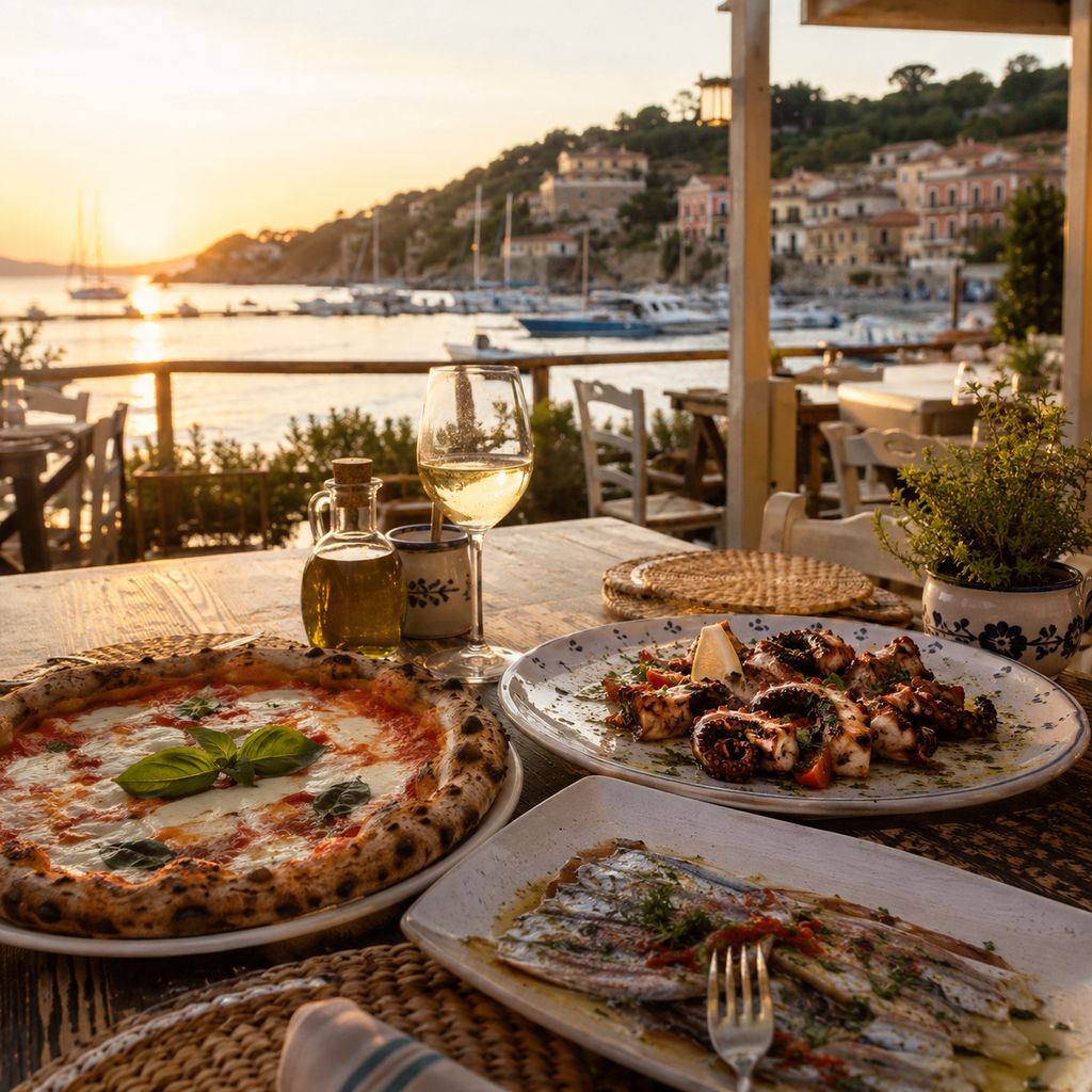 Pizza and seafood on a harbour terrace at sunset