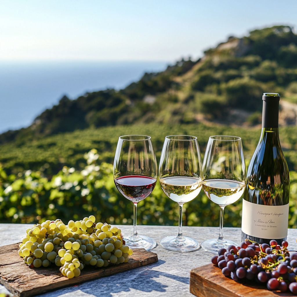 Wine glasses and a bottle above the vineyards
