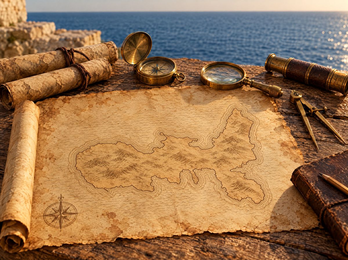 Antique map of Elba Island on a wooden table by the sea, with rolled maps, a compass, a magnifying glass and dividers