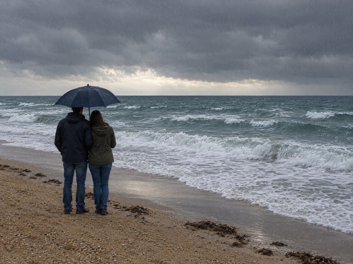 Couple seen from behind under an umbrella, watching the rough sea from a sandy beach in the rain