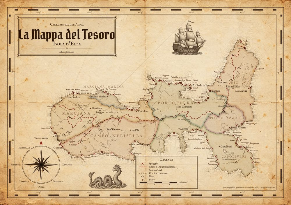 Preview of the Treasure Map: antique parchment map of Elba Island with the seven municipalities, hiking trails, beaches marked with an X and the wind rose