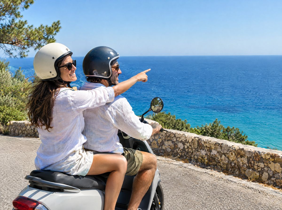 Couple on a scooter on a coastal road, she points at the sea