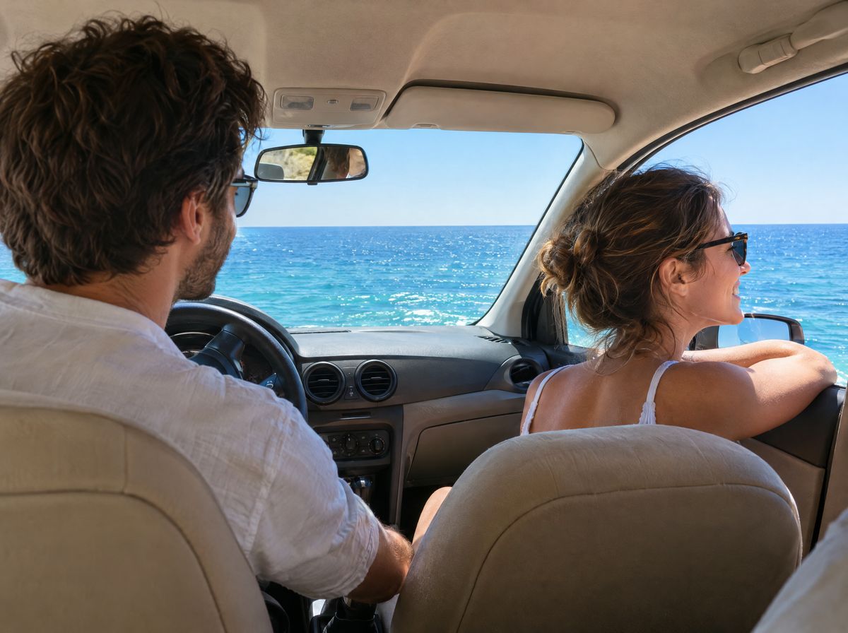 Couple in a car parked facing the sea, she leans out of the window to look at the horizon