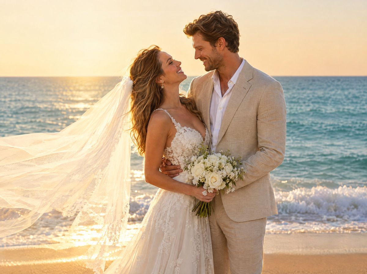 Bride and groom smiling in an embrace on the beach at sunset, her veil blowing in the wind